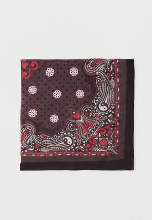Écharpe noire avec un motif cachemire en rouge et blanc, agrémentée de formes florales et de pois. Texture légère et lisse.