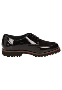 Černé kožené společenské boty s lesklým lakovaným povrchem a semišovými akcenty. Mají podrážku s hrubým vzorkem pro trakci a tradiční šněrování.