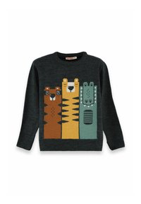 Maglione per bambini di un grigio scuro con design a maglia di cartoni animati di un orso marrone, una tigre gialla e un coccodrillo verde sul davanti.