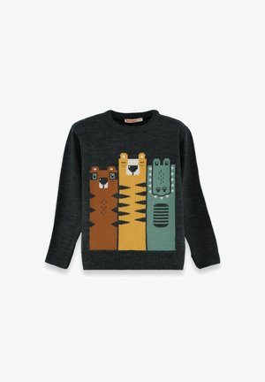 Pull enfant gris foncé avec des motifs en tricot représentant un ours brun, un tigre jaune et un crocodile vert à l'avant.