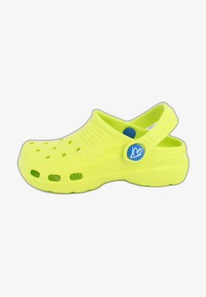 Bright yellow clogs made of lightweight material, featuring ventilation holes, a back strap, and a blue accent button on the side.