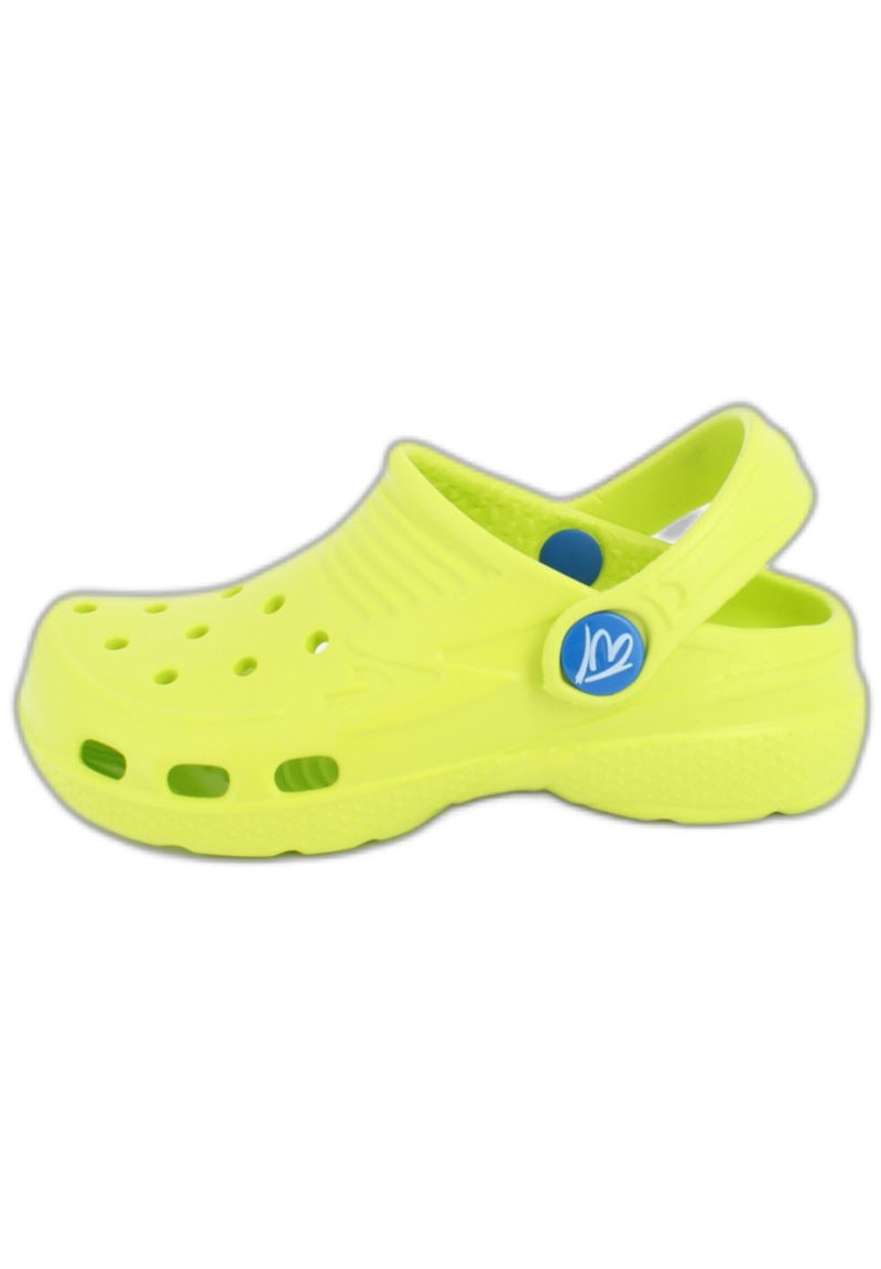 Bright yellow clogs made of lightweight material, featuring ventilation holes, a back strap, and a blue accent button on the side.