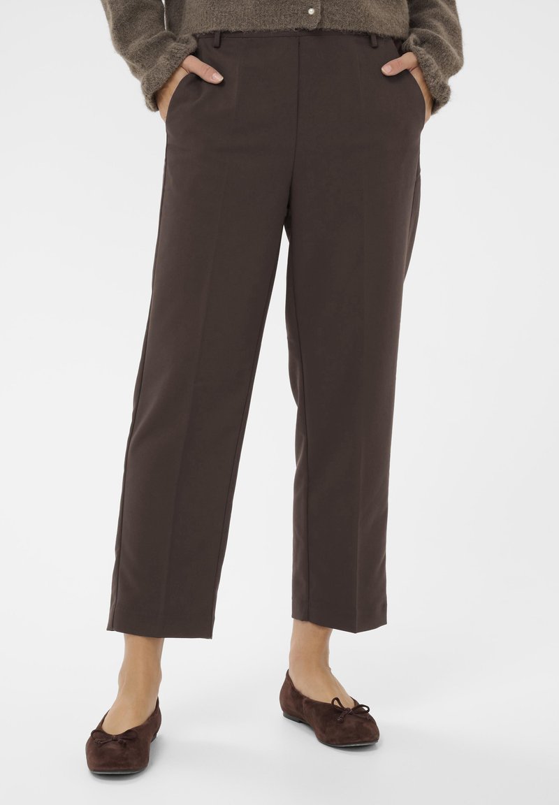 Brown tailored trousers with a straight-leg design, featuring side pockets and a clean finish. The fabric appears smooth and structured.