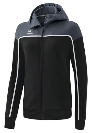 Giacca nera con cappuccio caratterizzata da una sezione superiore grigia, strisce laterali bianche, chiusura con zip e due tasche laterali. Realizzata in tessuto testurizzato.