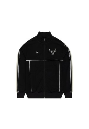 Black track jacket with high collar, zip closure, white logo and piping accents, featuring long sleeves and elastic cuffs.