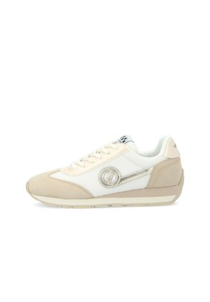Beige and white sneaker with a smooth suede toe, textured fabric sides, and a metallic logo accent. Features padded collar and flat laces.