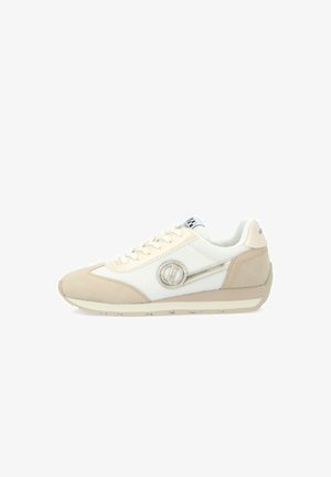 Beige and white sneaker with a smooth suede toe, textured fabric sides, and a metallic logo accent. Features padded collar and flat laces.
