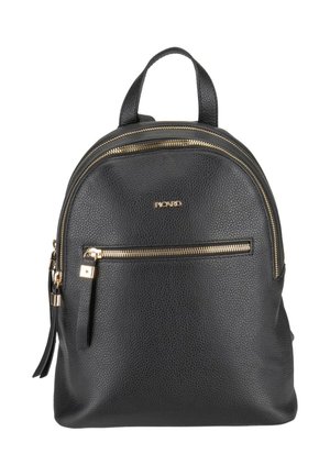 Sac à dos en cuir noir texturé avec fermetures éclair dorées, poche avant zippée, poignée supérieure, et logo de la marque « Picard » sur le devant.