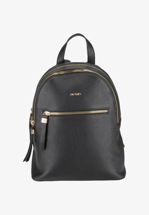 Zwarte rugzak van getextureerd leer met gouden ritsen, voorvak met ritssluiting, bovenste handvat en het merklogo "Picard" aan de voorkant.