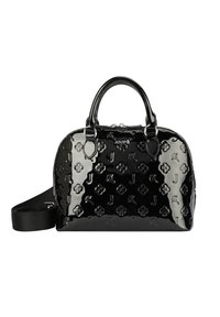 Borsa a mano in pelle verniciata nera con forma arrotondata, manici doppi e tracolla removibile. Presenta fiori in rilievo e dettagli con logo.