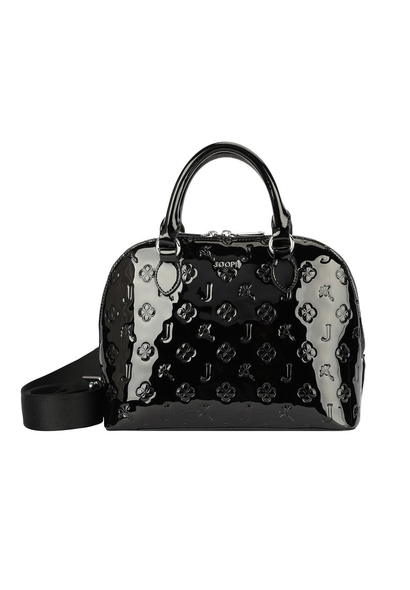 Borsa a mano in pelle verniciata nera con forma arrotondata, manici doppi e tracolla removibile. Presenta fiori in rilievo e dettagli con logo.
