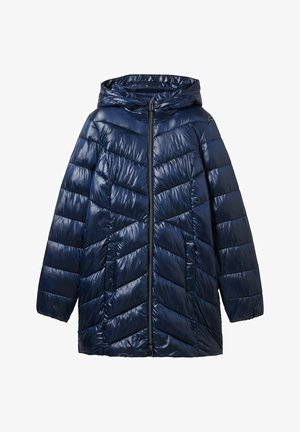 Giacca imbottita blu navy con texture lucida, motivo a zigzag, chiusura con zip e cappuccio. Presenta due tasche laterali.