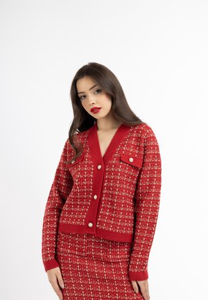 Jonge vrouw met lang bruin haar, die een rood gebreid vest met patroon en een bijpassende rok draagt, poseert tegen een effen witte achtergrond.