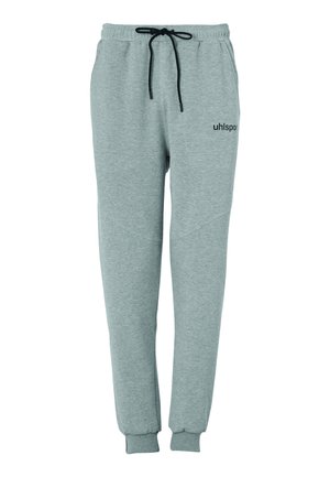 Hellgraue Sweatpants mit schwarzer Kordel, elastischen Bündchen, Seitentaschen und kleinem schwarzen "uhlsport"-Logo am oberen Oberschenkel.