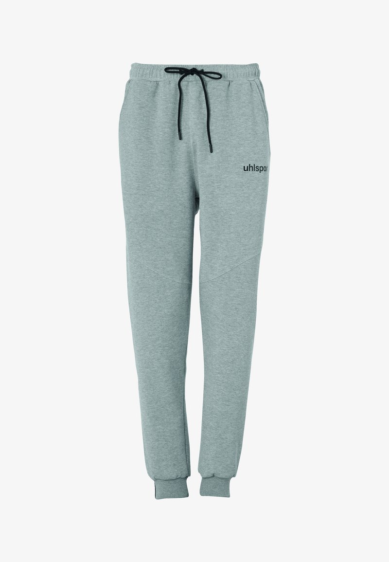 Pantalon de survêtement gris clair avec cordon noir, poignets élastiques, poches latérales et petit logo noir "uhlsport" sur la partie supérieure de la cuisse.