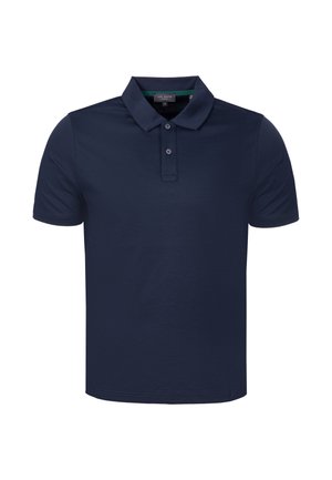 Polo de manga corta azul marino con tapeta de dos botones y cuello clásico, exhibido sobre un fondo blanco.