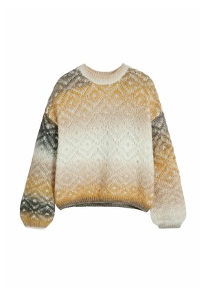 Knit sweater in gradient colors: white, yellow, and gray. Features a round neckline, textured patterns, and ribbed cuffs and hem.