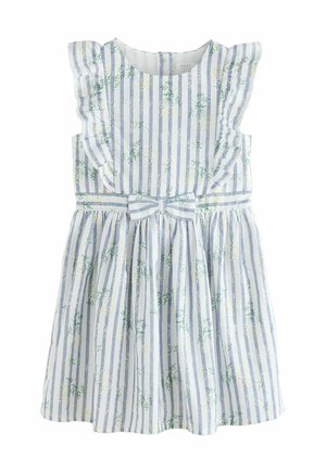 Mouwloze babyjurk met blauw-witte verticale strepen, gele bloemenprint, geplooide schouderdetails en een gestreepte strik in de taille.