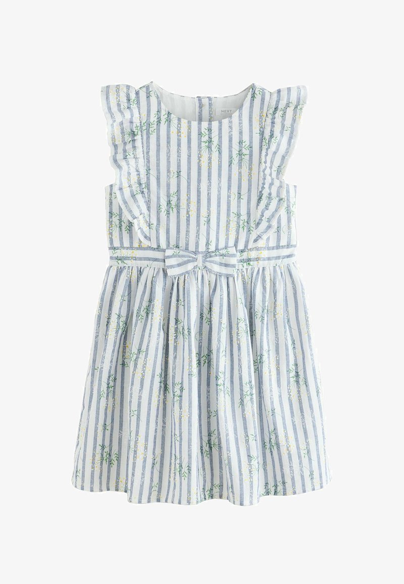 Robe bébé sans manches avec des rayures verticales bleues et blanches, imprimé floral jaune, détails volantés aux épaules et un nœud rayé à la taille.