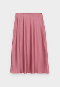 Jupe en satin rose avec une texture lisse, présentant un design évasé et une coupe mi-longue, idéale pour le superposition ou à porter seule.