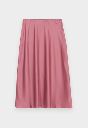 Rózsaszín selyem szoknya sima textúrával, fodros kialakítással és középhosszú fazonnal, amely tökéletes rétegezéshez vagy önálló viselethez.