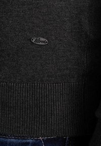 Pull noir avec un ourlet côtelé, fabriqué en tissu texturé. Présente une petite étiquette de logo noire avec "Petrol" à l'avant.