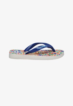 Sandale tongs blanche pour enfant avec des brides bleues et des motifs colorés de singes de dessin animé et de cœurs sur la semelle.