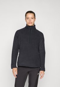Tumehall fliisist pullover kõrge kraega ja poolikuga lukuga. Omab külgõmblusi ja siledat tekstuuri.