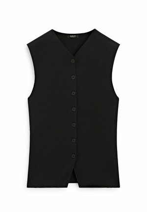 Schwarze ärmellose Weste mit Knöpfen, V-Ausschnitt, sieben Knöpfen vorne und gerade geschnittenem Saum mit kleinem Frontschlitz.