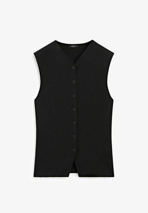Zwarte mouwloze button-up gilet met V-hals, zeven knopen aan de voorkant en een rechte zoom met een kleine voorste split.