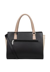 Sac à main structuré noir et beige avec deux poignées et une bandoulière amovible. Il possède une poche zippée à l'avant et une texture lisse.