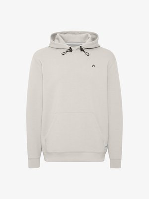 Svetlo siva kapuca iz mehkega materiala, z sprednjim žepom, vrvico za nastavljanje kapuce in majhnim črnim logotipom na prsih.