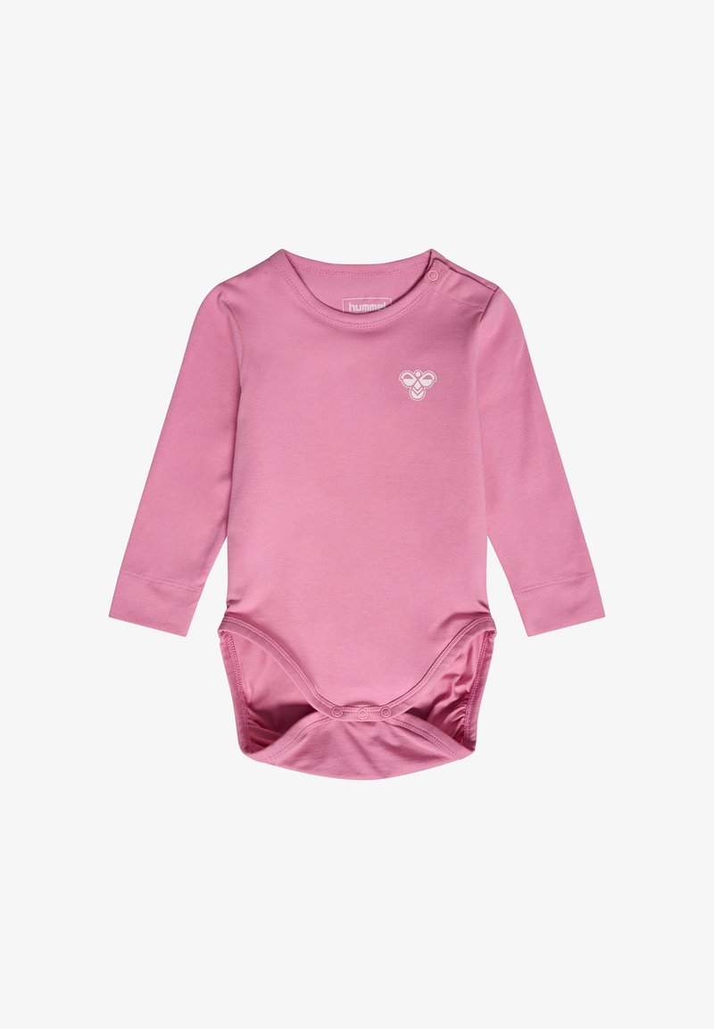 Langärmliger rosa Bodysuit aus weicher Baumwolle, mit rundem Halsausschnitt, Druckknopfverschluss im Gesäßbereich und kleinem Logo auf der Brust.