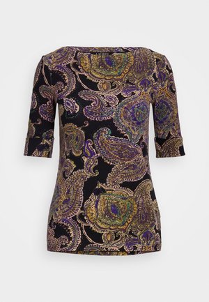 Black fitted top with elbow sleeves featuring an ornate paisley pattern in purple, gold, green, and beige.