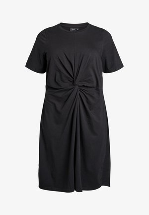 Čierne krátke šaty s krátkym rukávom po kolená, s okrúhlym výstrihom a detailom skrútenia uprostred prednej časti vytvárajúcim efekt nariasenej látky.