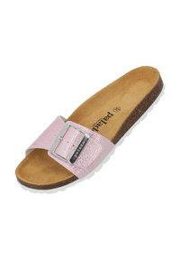 Lichtroze slide sandaal met sprankelende bovenkant, zilveren gesp detail, kurken voetbed en getextureerde witte zool.