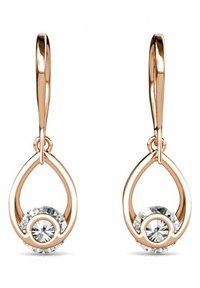 Gli orecchini a goccia in oro rosa presentano un design a spirale con una pietra preziosa rotonda e trasparente alla base, creando un aspetto delicato.