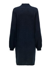 Schwarzes gestricktes langärmeliges Kleid mit gerippten Ärmeln und Rundhalsausschnitt, von hinten auf weißem Hintergrund gezeigt.