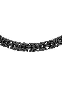 Collana in metallo nero con catena caratterizzata da anelli ovali e rotondi interconnessi, con una superficie liscia e una finitura lucida.