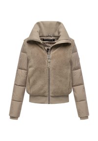 Nepbont en pufferjack in beige, met een hoge kraag, ritssluiting en geribbelde manchetten. Het lijf heeft een gestructureerd oppervlak en soepele mouwen.