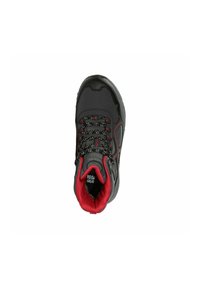 Black and red high-top hiking boot with patterned laces, padded collar, and reinforced toe viewed from above on white background.