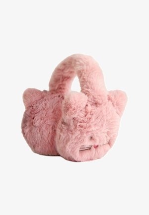Protectores de orejas suaves y esponjosos de color rosa en forma de cara de gato con orejas, bigotes y una pequeña nariz, sobre un fondo blanco.