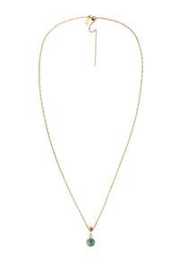 Gold chain necklace with a delicate twisted design, featuring a small turquoise pendant and a round gold accent near the pendant.