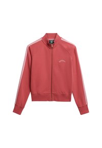 Chaqueta roja con cremallera y cuello alto, franjas rosas en los costados y logo bordado. Material de mezcla de algodón con puños y dobladillo acanalados.