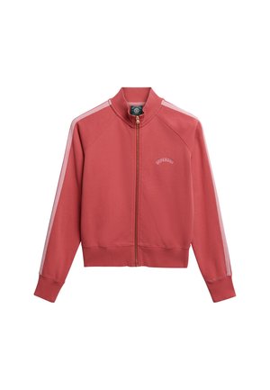 Rød lynlåstrøje med høj krave, pink side-striber og broderet logo. Materiale i bomuldsblanding med ribstrikkede manchetter og kant.