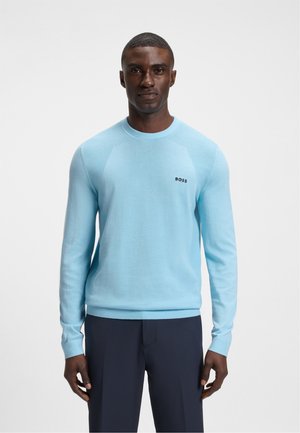 Man wearing light blue long-sleeve sweater with "BOSS" logo on chest and dark navy pants, standing against a plain white background.