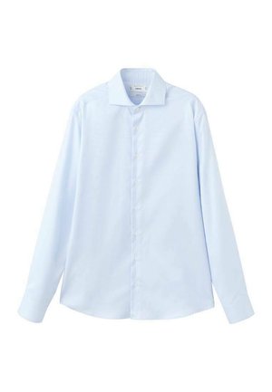 Hellblaues Langarmhemd aus glattem Stoff, mit klassischem Kragen und Knopfleiste vorne, sowie geradem Saum.