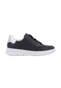 Black synthetic leather sneaker with a white rubber sole, round toe, and tonal laces. Metallic silver accent on the heel.