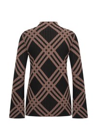 Maglione nero e rosa con motivo geometrico a diamanti, texture a coste e maniche lunghe. Collo alto, senza chiusure.
