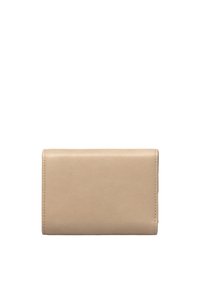 Beige leren portemonnee met een rechthoekige vorm, een soepele textuur en nauwkeurige stiksels. Compact ontwerp, geschikt voor kaarten en contant geld.